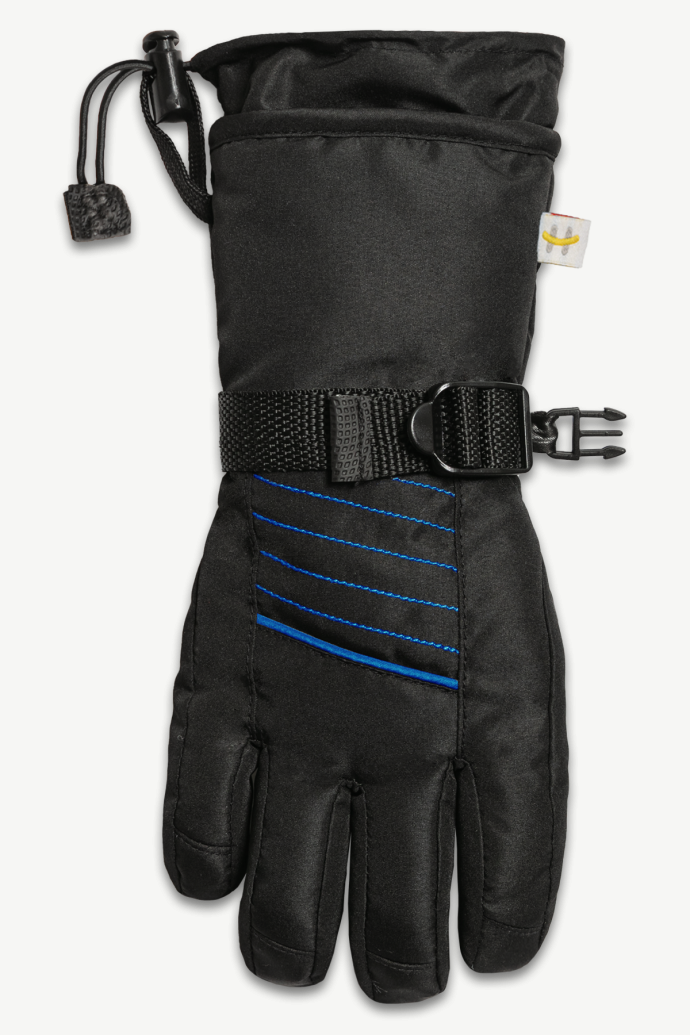 Hot Paws Boys Black and Indigo Blue Winter Long Cuff Gloves with Adjustable Wrist Strap