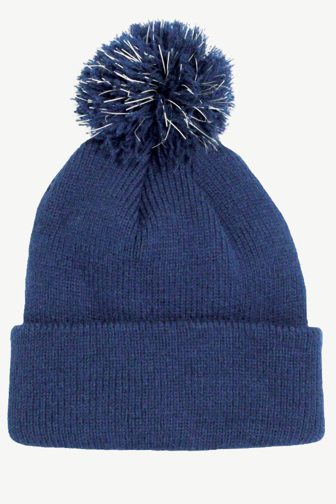 Hot Paws children's navy blue knit winter hat with reflective threads in pom-pom