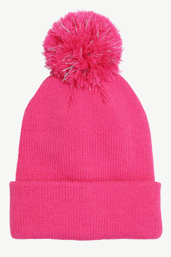 Hot Paws children's punch pink knit winter hat with reflective threads in pom-pom