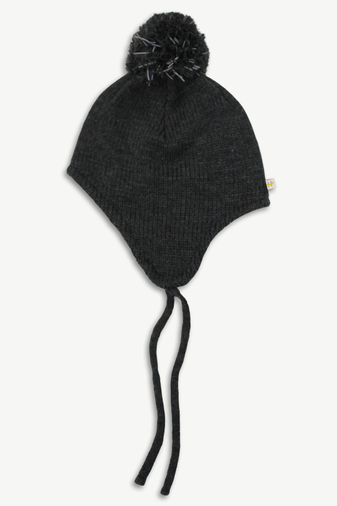 Hot Paws Kids Winter Black Mix Hat With Reflective Pom-Pom and Soft Ties
