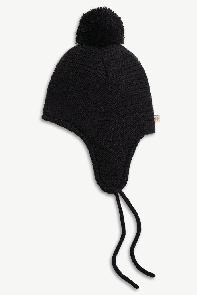 2-6 yrs Kids Winter Black Hat with cozy fleece lining and pompom