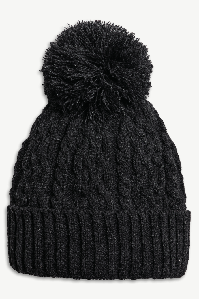 Hot Paws 4-6 yrs Kids Black Mix Cable Knit Pattern Winter Hat with ribbed fold up brim and a chunky pom-pom