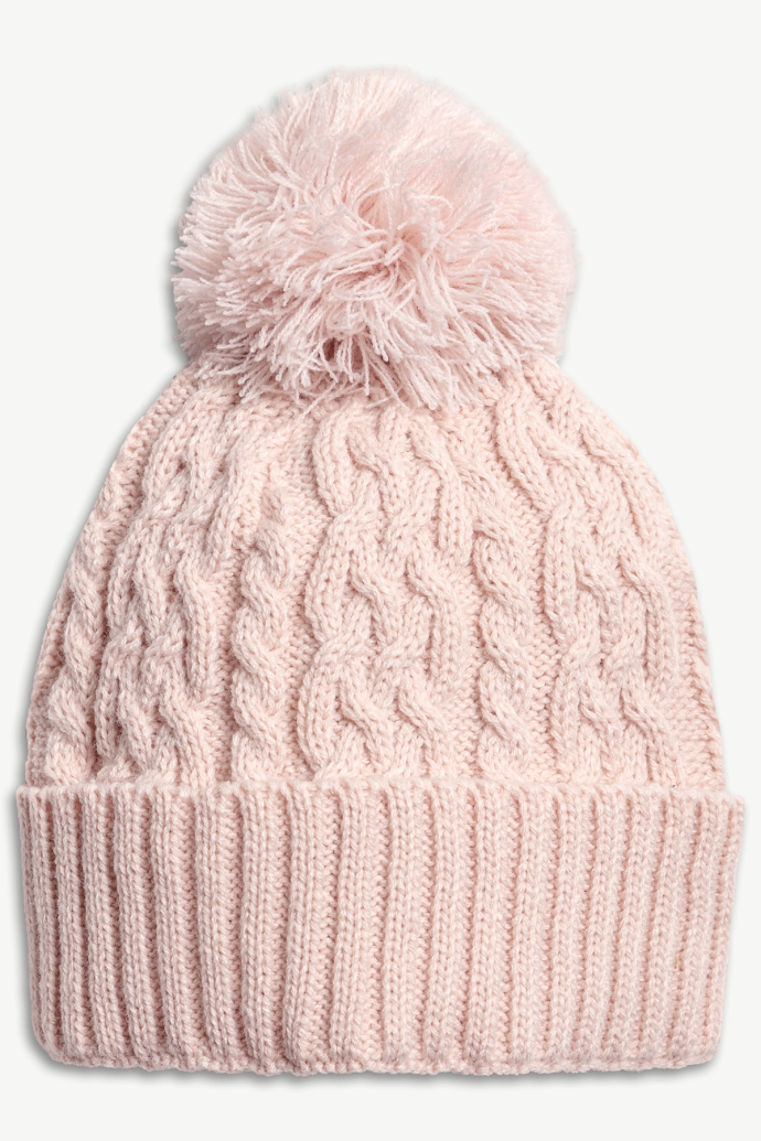 Hot Paws 4-6 yrs Kids Quartz Cable Knit Pattern Winter Hat with ribbed fold up brim and a chunky pom-pom