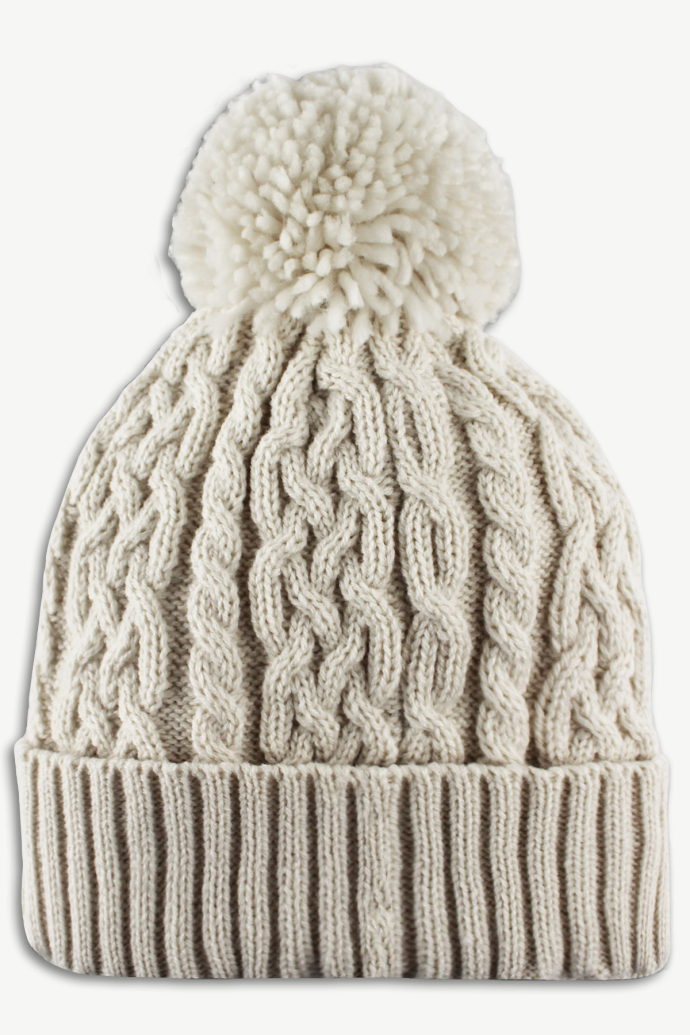 Hot Paws 4-6 yrs Kids Cream Cable Knit Pattern Winter Hat with ribbed fold up brim and a chunky pom-pom