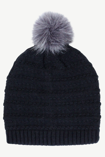Hot Paws girl's black knit winter hat with a fluffy white pom-pom