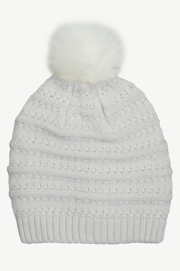 Hot Paws girl's ivory white knit winter hat with a fluffy white pom-pom