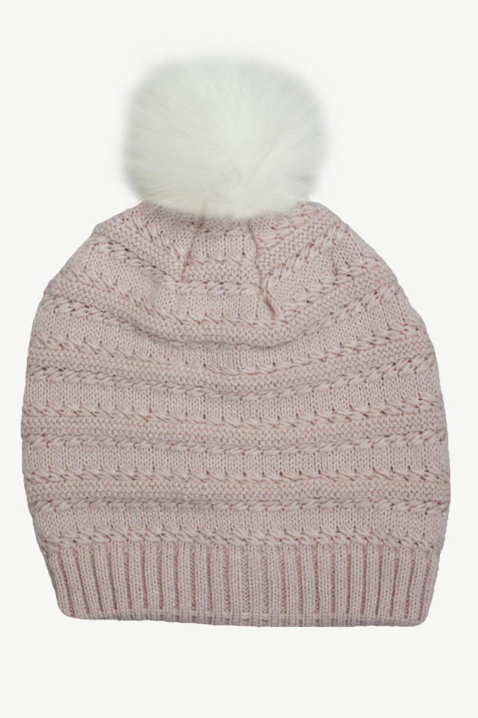 Hot Paws girl's quartz pink knit winter hat with a fluffy white pom-pom