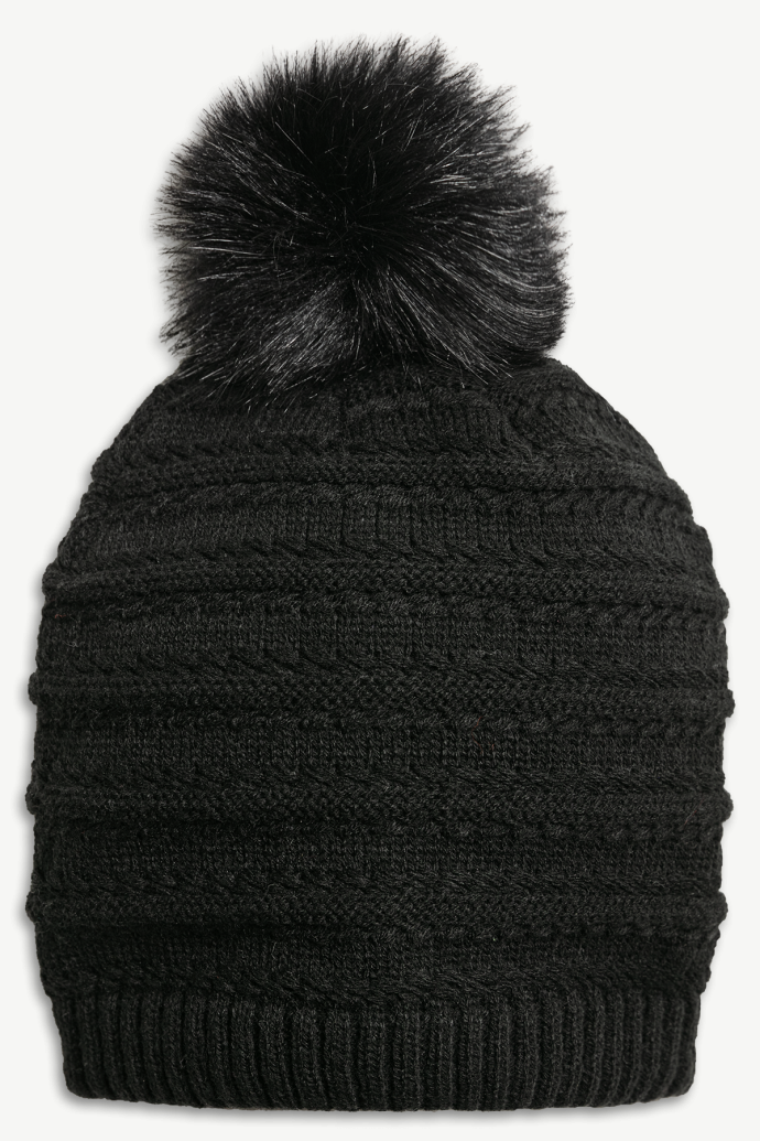 Hot Paws Black Relaxed Fit Knit Pom-Pom Beanie for Women