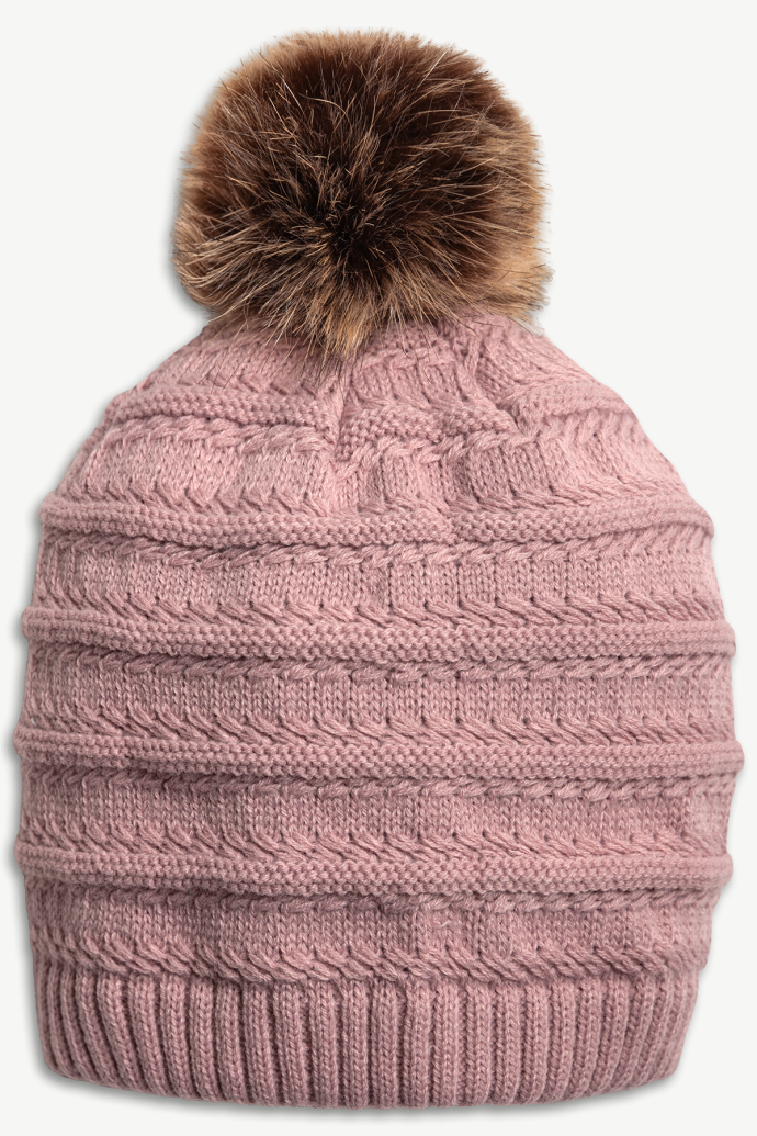 Hot Paws Pink Suede Relaxed Fit Knit Pom-Pom Beanie for Women