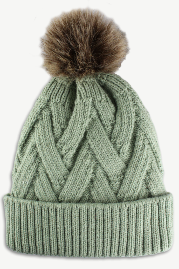 Women's Knit Hat with Faux Fur Pom-Pom