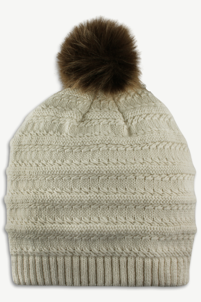 Hot Paws Cream Relaxed Fit Knit Pom-Pom Beanie for Women