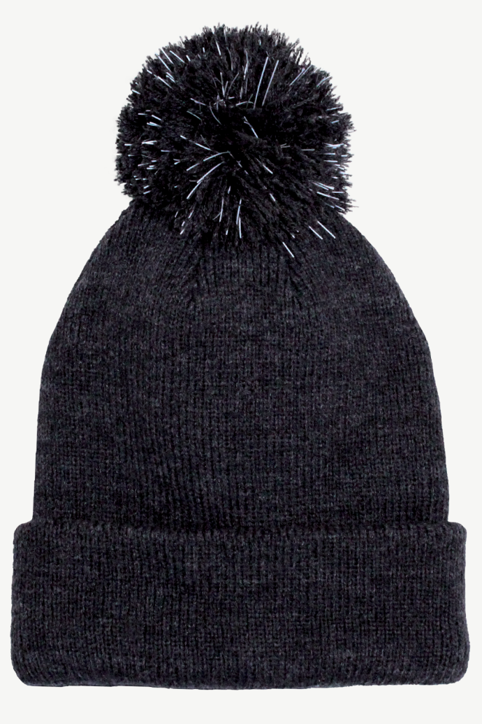 Hot Paws children's black mix knit winter hat with reflective threads in pom-pom